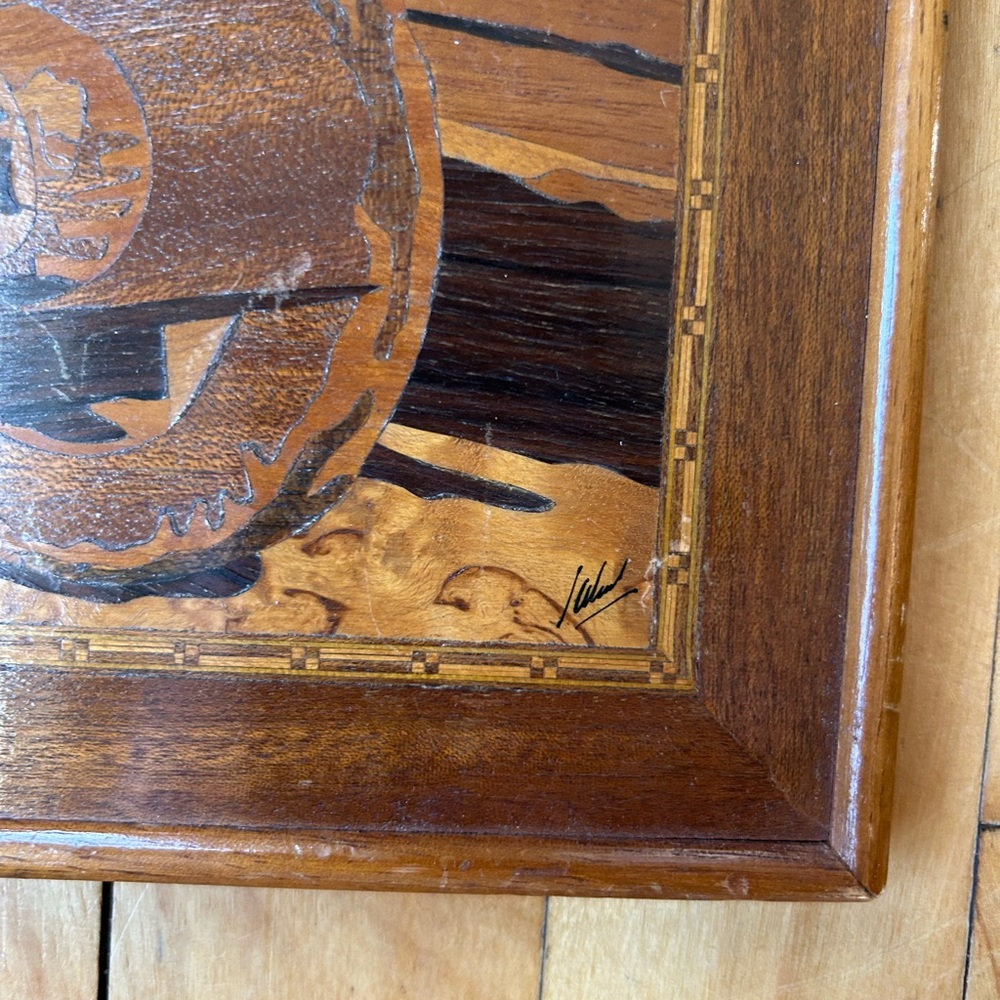 Vintage framed marquetry wood art brown tan man dog cart Jesus Salmon lot of two - Picture 8 of 9